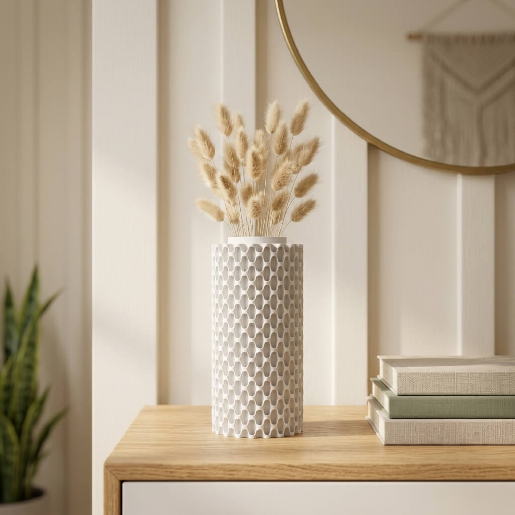 Ivory Grid Vase – Modern Textured Cylinder Vase, 3D Printed Minimalist Home Decor, Geometric Sculptural Centerpiece - Image 4