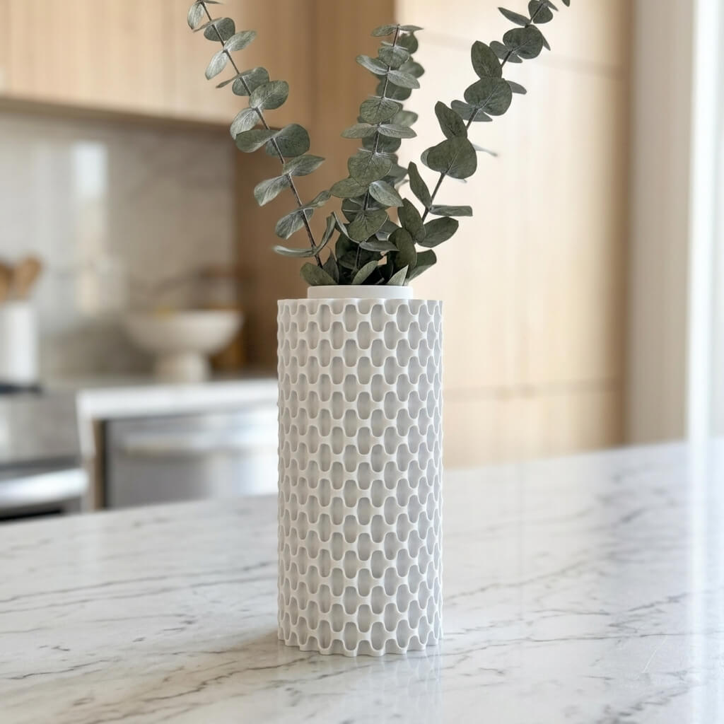 Ivory Grid Vase – Modern Textured Cylinder Vase, 3D Printed Minimalist Home Decor, Geometric Sculptural Centerpiece - Image 3