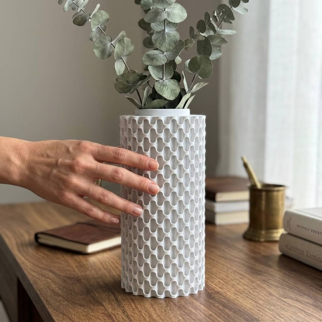 Ivory Grid Vase – Modern Textured Cylinder Vase, 3D Printed Minimalist Home Decor, Geometric Sculptural Centerpiece