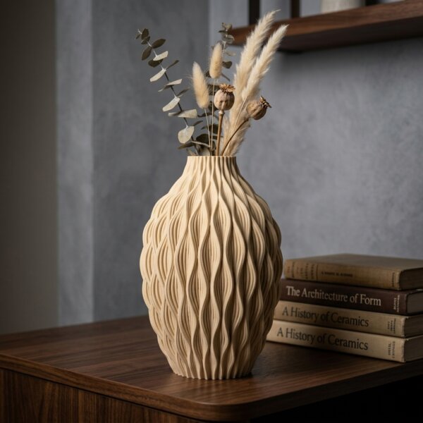 Ivory Cascade Vase – Sculptural Wave Textured 3D Printed Vase